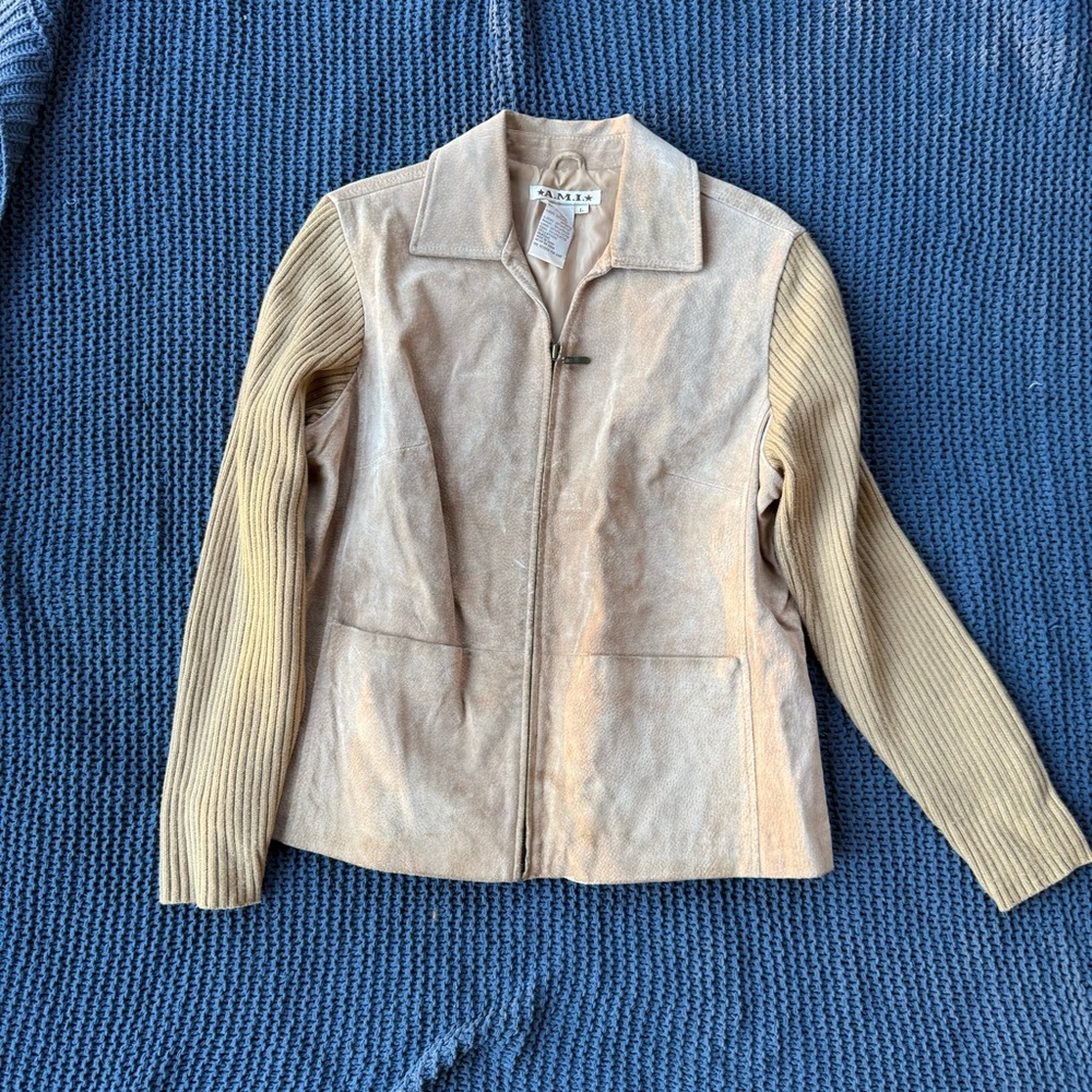 AMI Women's L Vintage 90s Tan Nubuck Leather Jacket Ribbed Sleeves Pockets Lined